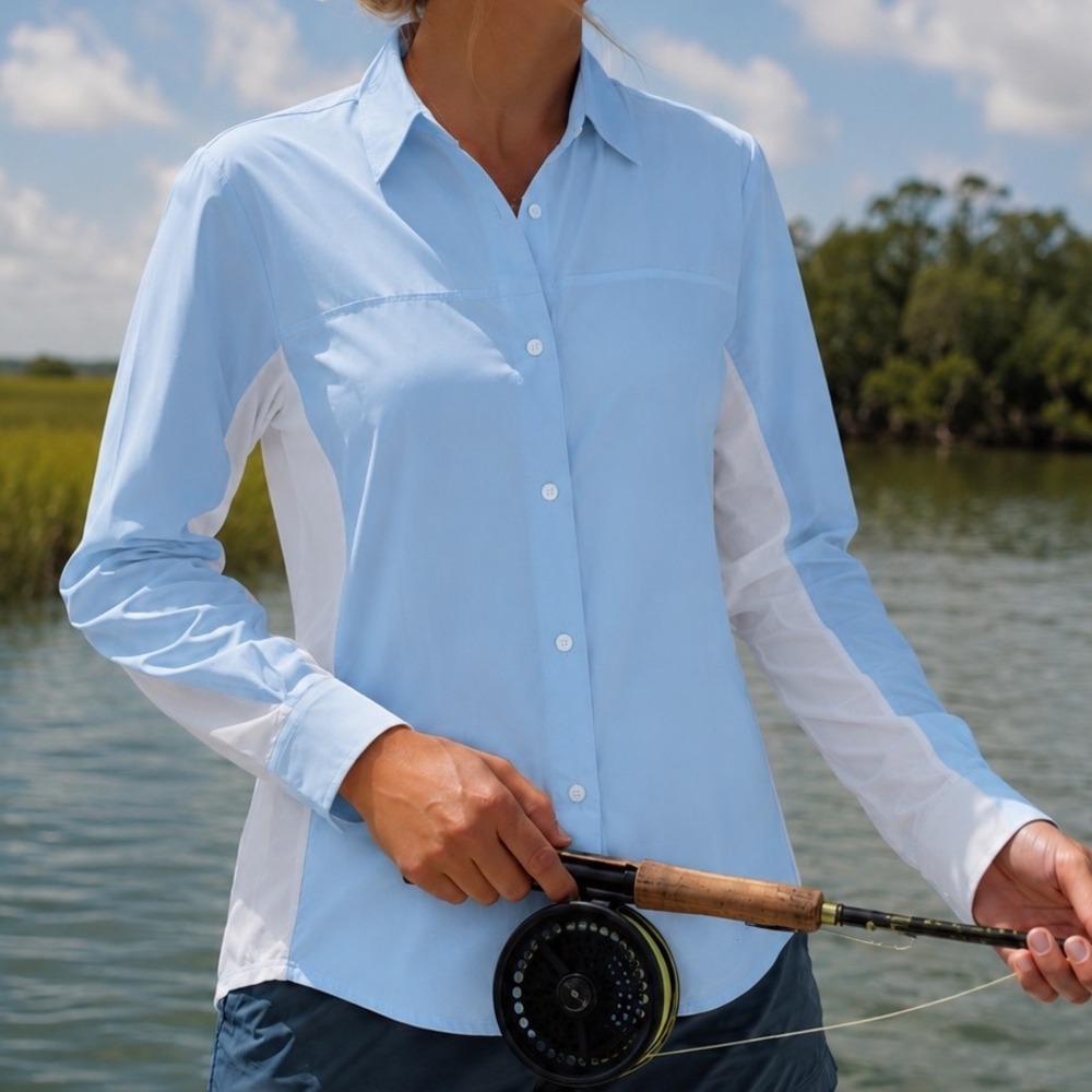 Simms W's BiComp Shirt Blue Medium Womens Snap Front Top Fishing A5